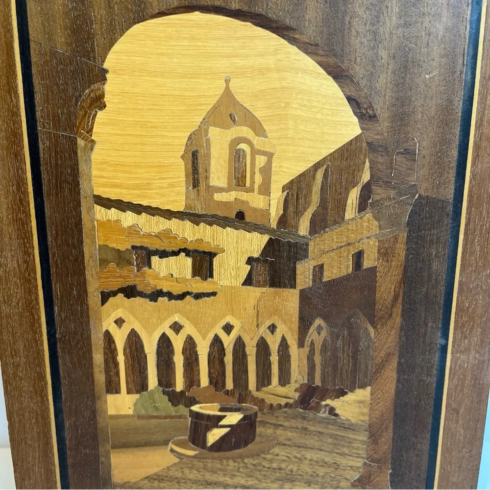 Inlaid Wood Picture Building Church 9”X12” Wall Hanging Vintage ?Made in Italy - Picture 2 of 7